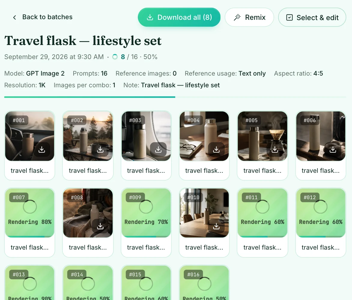 A running batch: finished images next to tiles still rendering, with the done count at the top