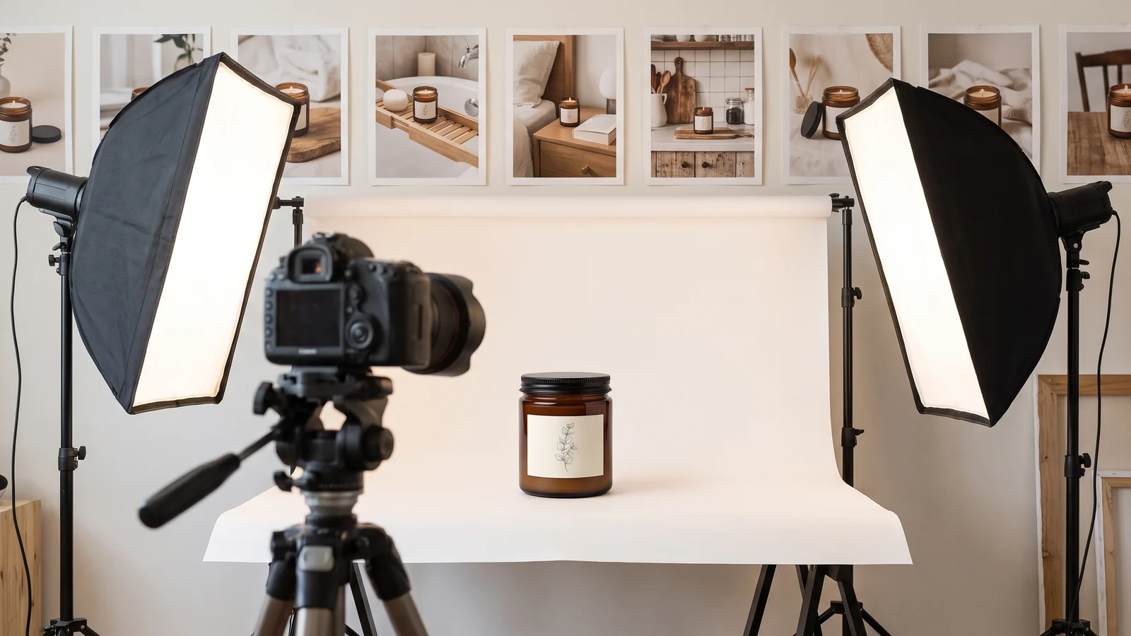 An amber glass candle on a white sweep in a photo studio, with finished product photos on the wall behind