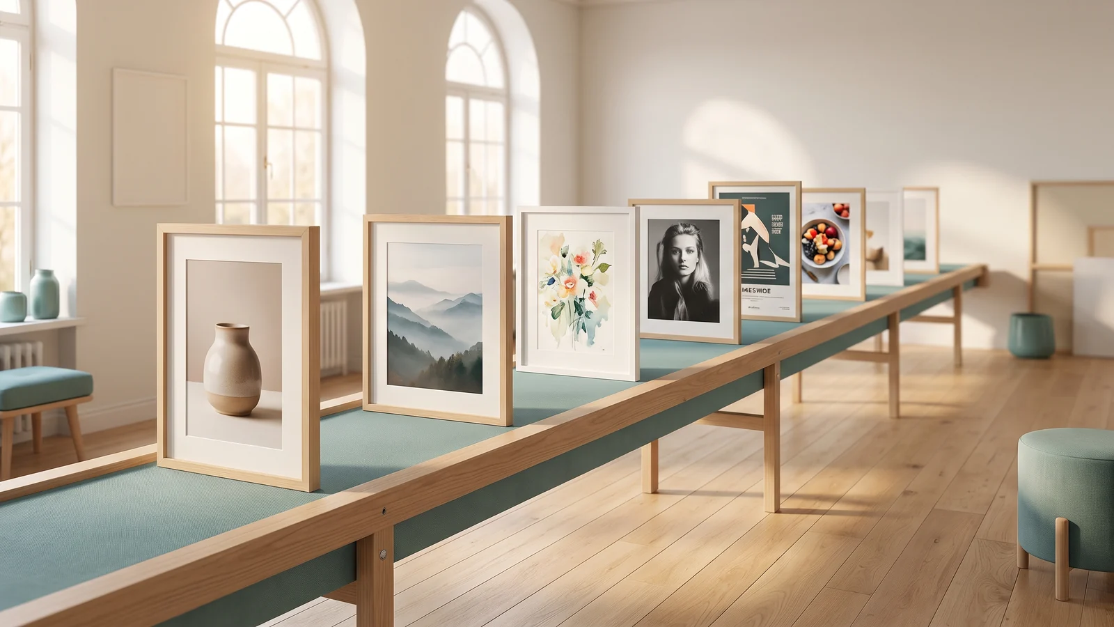 A long line of framed artworks, each a different image, moving through a bright studio
