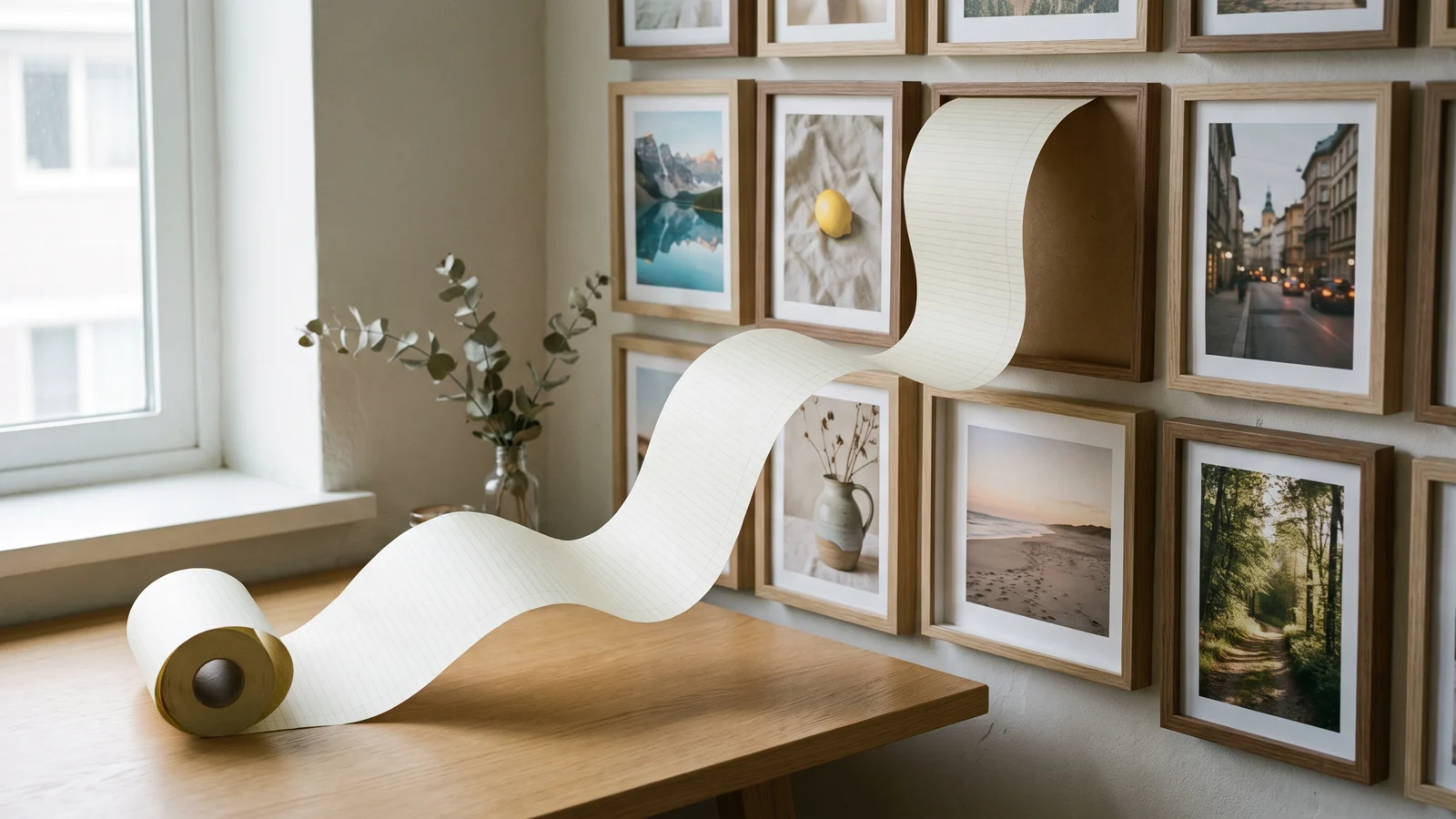 A long strip of lined paper unrolling across a desk into a wall of framed photographs