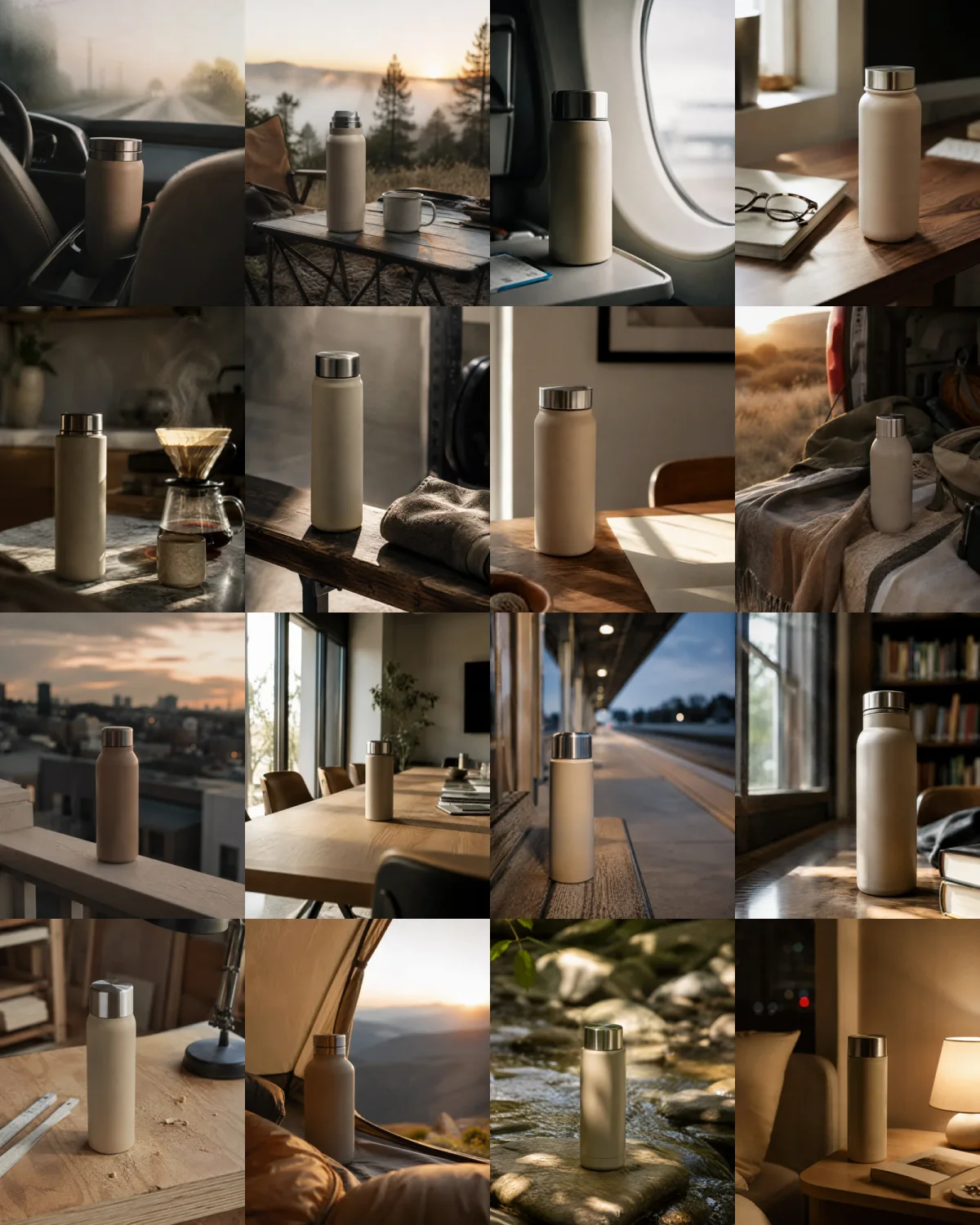 Sixteen lifestyle photos of the same travel flask in different settings, generated from sixteen prompt lines
