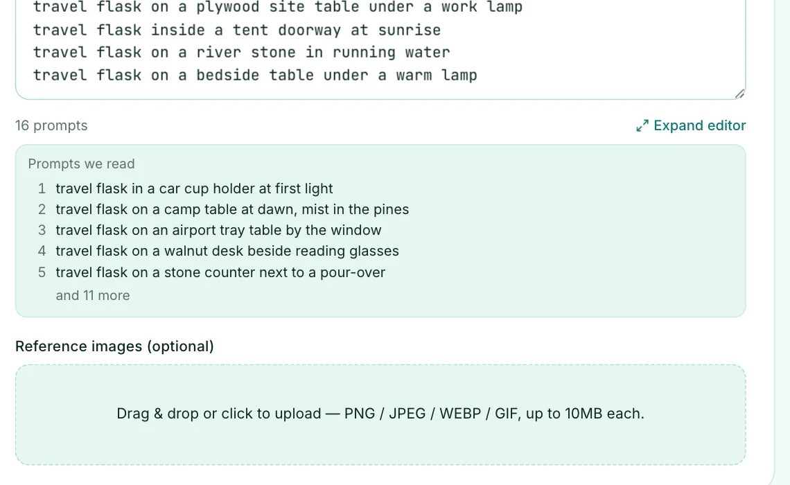 The New batch form with sixteen prompts, one per line, and the "Prompts we read" list underneath