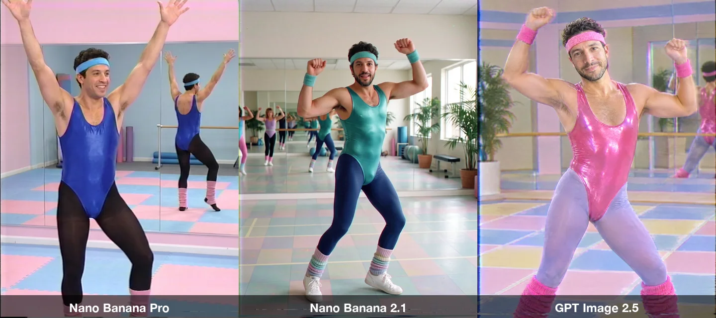 The aerobics prompt on three models: the man in a shiny leotard, tights, leg warmers and a sweatband with arms raised in a mirrored studio
