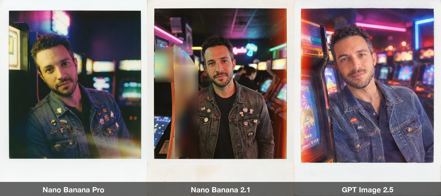 The arcade Polaroid prompt on three models: instant photos with white borders of the man in a denim jacket with pins in a neon arcade