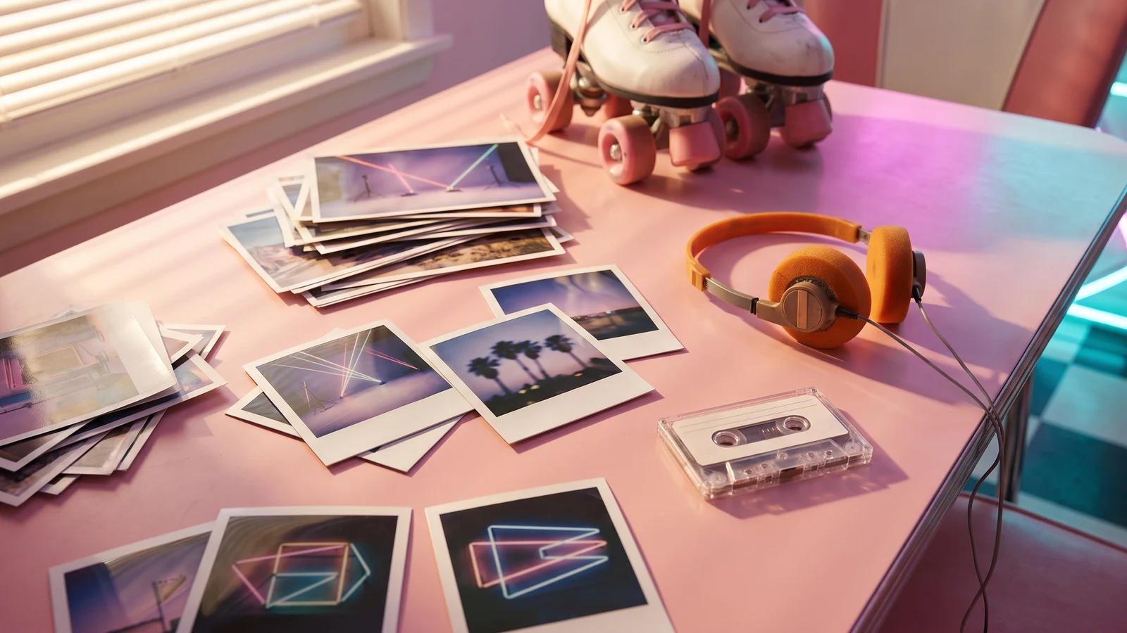Faded instant photos of laser backdrops and palm trees scattered on a pink 1980s table next to roller skates, a cassette tape and orange foam headphones