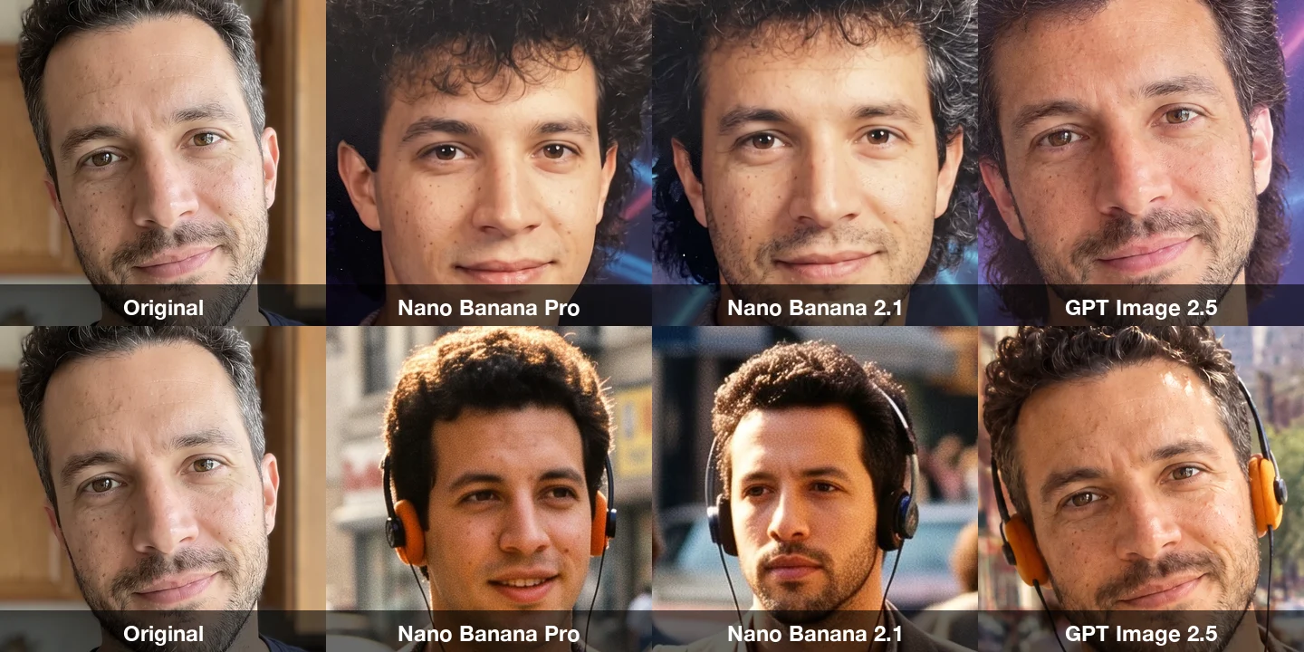 Close-up crops of the man's face in the original selfie and in the yearbook and Walkman results from each model