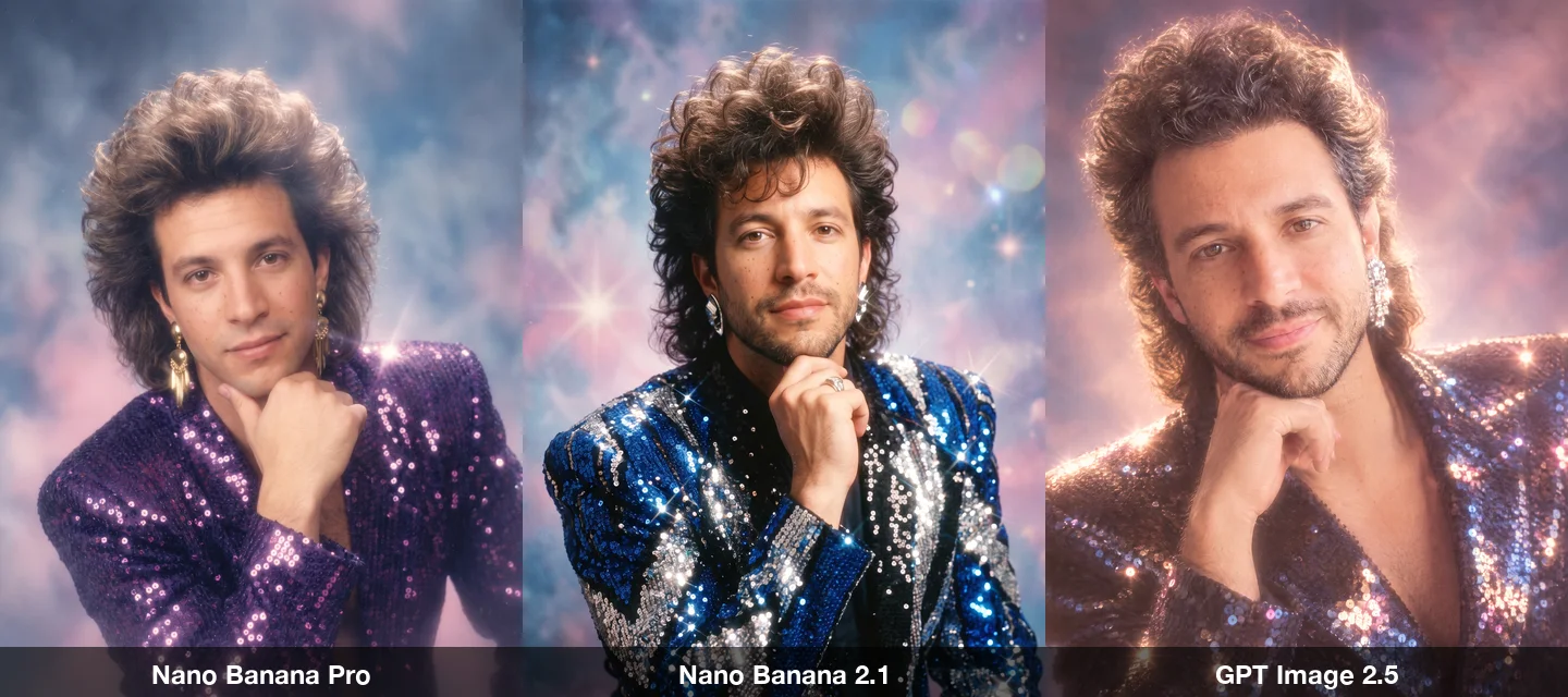 The mall glamour shot prompt on three models: the man in a sequined jacket with big hair and earrings, hand under his chin, against a hazy pastel backdrop
