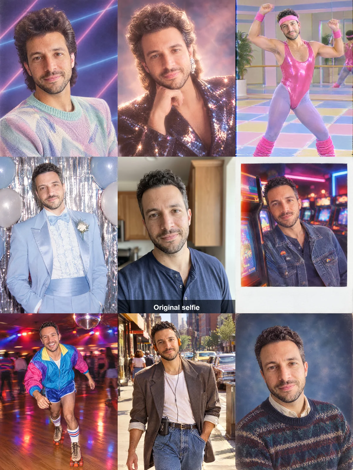 A grid of eight 1980s portraits of the same bearded man around his original selfie: laser yearbook photo, mall glamour shot, aerobics, prom, arcade Polaroid, roller rink, Walkman street photo and studio portrait