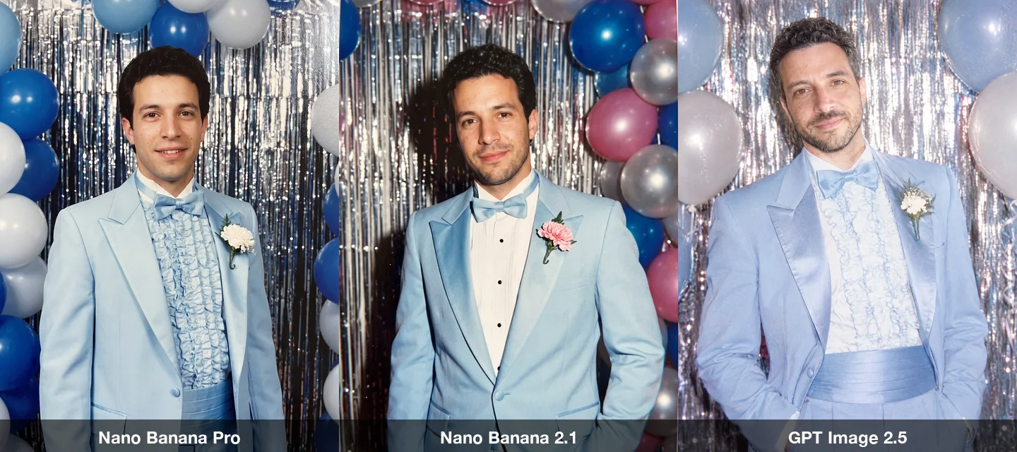 The prom prompt on three models: the man in a powder-blue tuxedo with a bow tie and boutonniere in front of silver tinsel and balloons