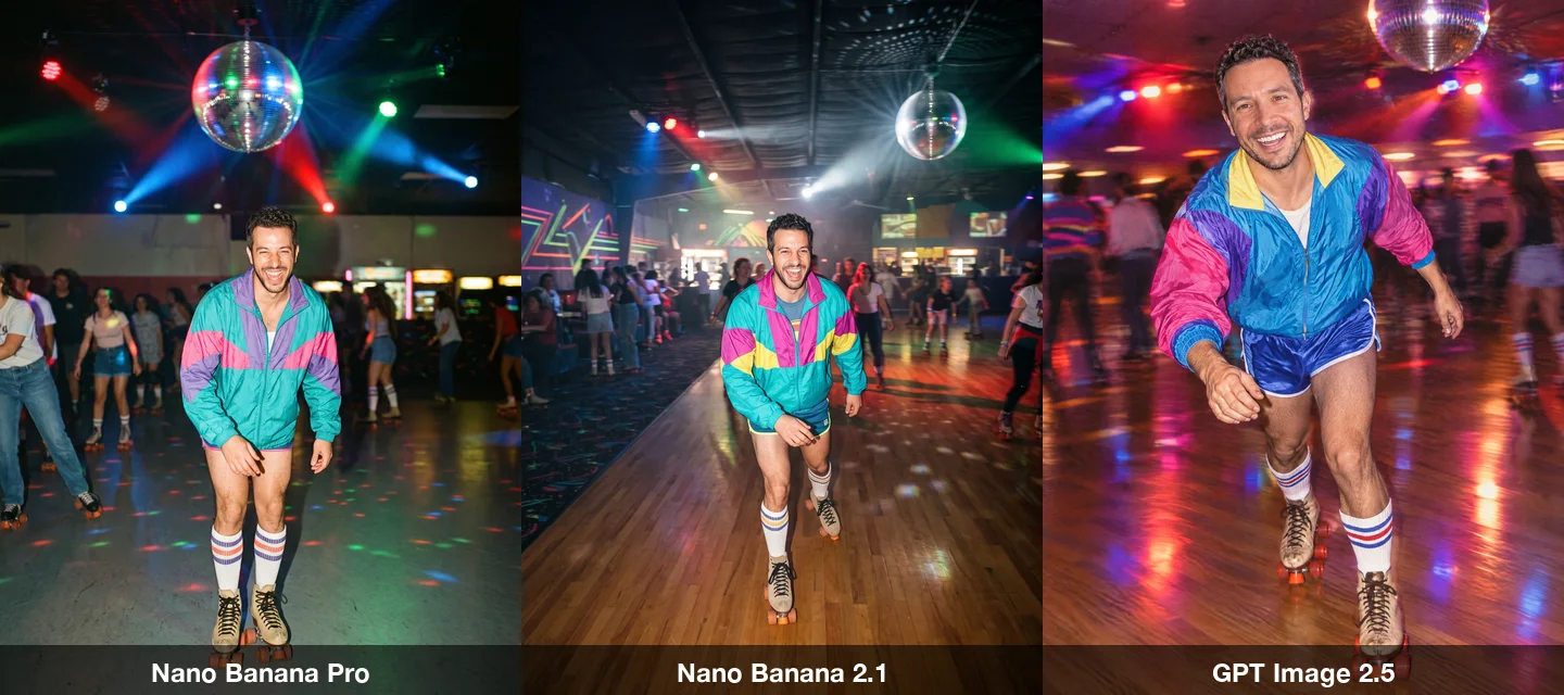 The roller rink prompt on three models: the man laughing on roller skates in a bright windbreaker under a disco ball