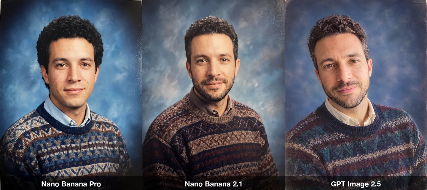 The studio portrait prompt on three models: the man in a patterned knit sweater over a collared shirt in front of a mottled blue backdrop
