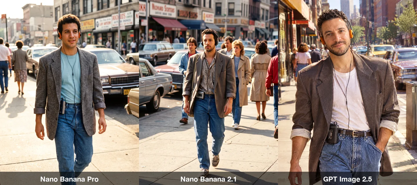 The Walkman street photo prompt on three models: the man in a blazer and jeans with foam headphones walking down a sunny city sidewalk lined with old cars