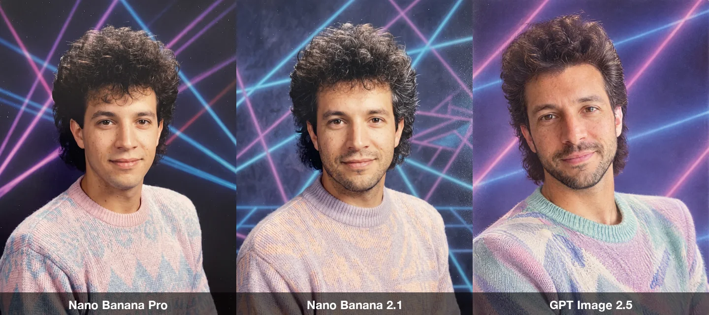 The yearbook prompt on Nano Banana Pro, Nano Banana 2.1 and GPT Image 2.5: the man with big curly hair and a pastel sweater in front of a purple and blue laser backdrop