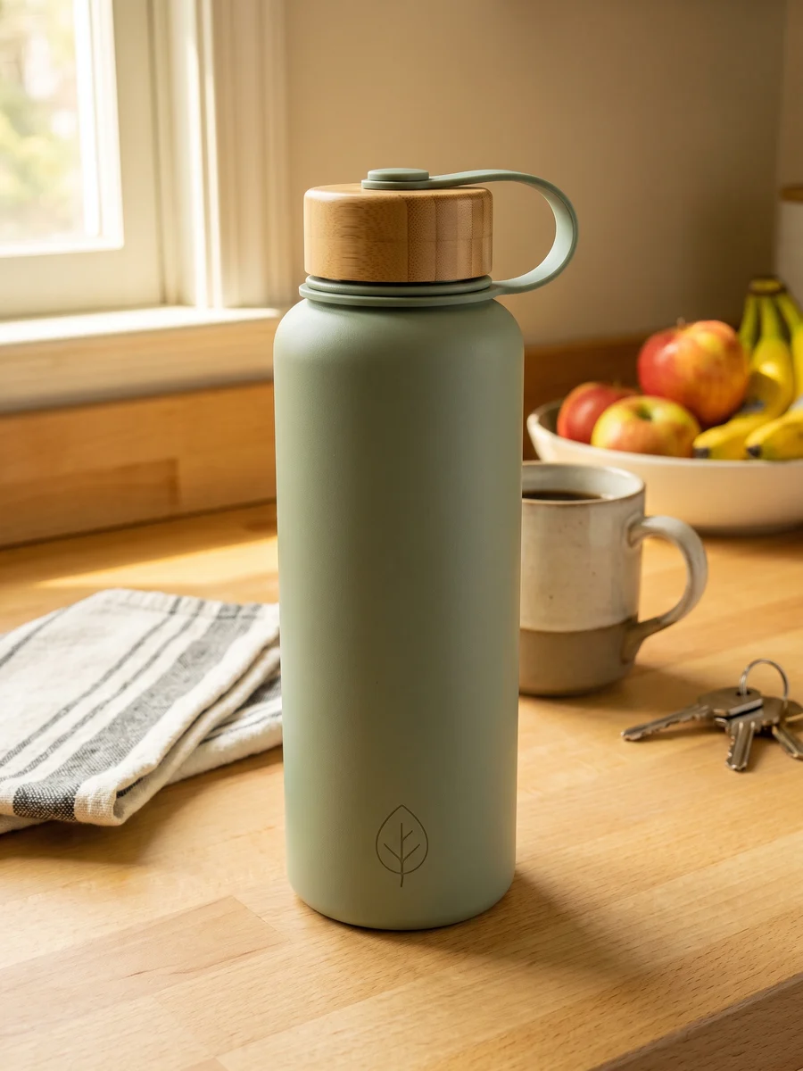 Phone snapshot of a sage-green water bottle with a bamboo lid and a carry loop on a wooden kitchen counter, with a mug, a striped towel, keys and a fruit bowl around it