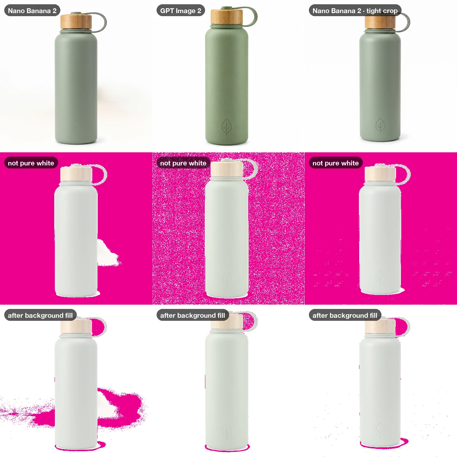 Three AI main images of the bottle on white, with magenta maps underneath showing that almost none of the background is pure white, and a third row showing the background after a fill step