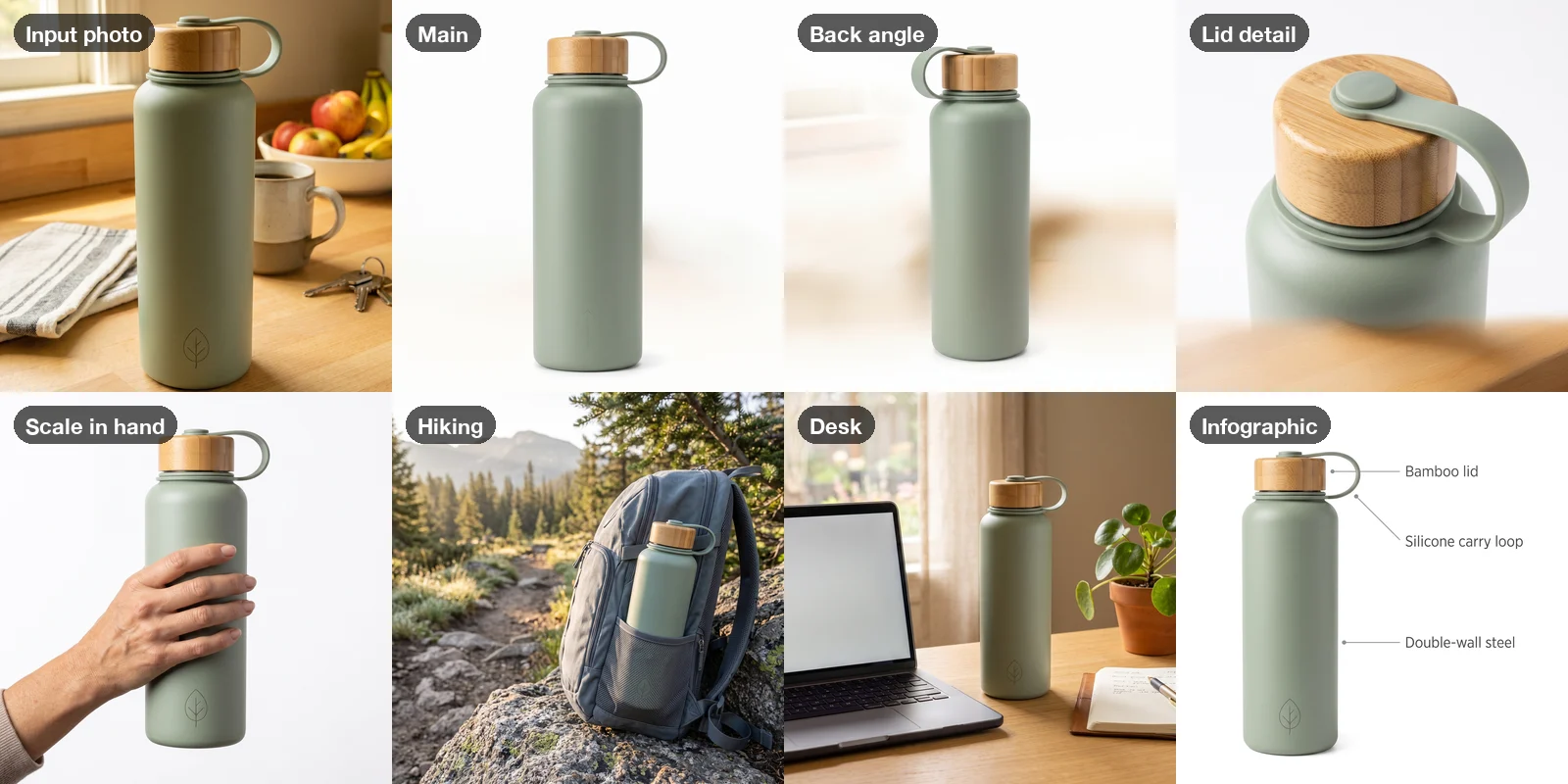 Nano Banana 2 results: main image, back angle, lid close-up, bottle held in a hand, bottle in a backpack pocket on a trail, bottle on a desk, and an infographic with three labels