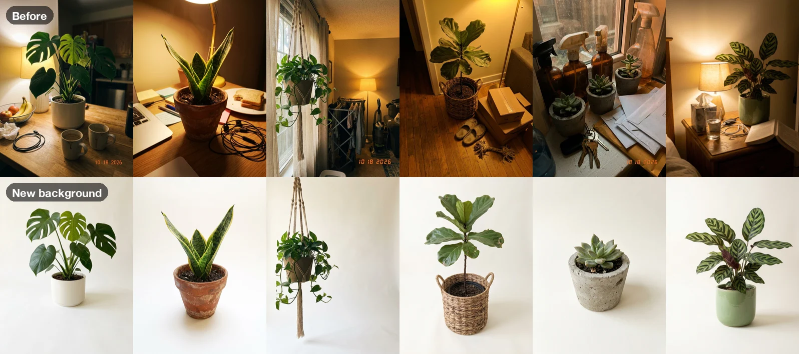 Six cluttered home photos of houseplants in the top row and six studio-style photos of the same plants on a plain warm-white background in the bottom row