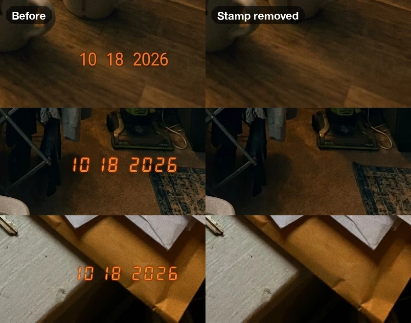 Close-up crops of three photo corners: on the left, an orange 10 18 2026 date stamp over a wooden table, a carpet and an envelope; on the right, the same corners with the stamp gone and the surface restored
