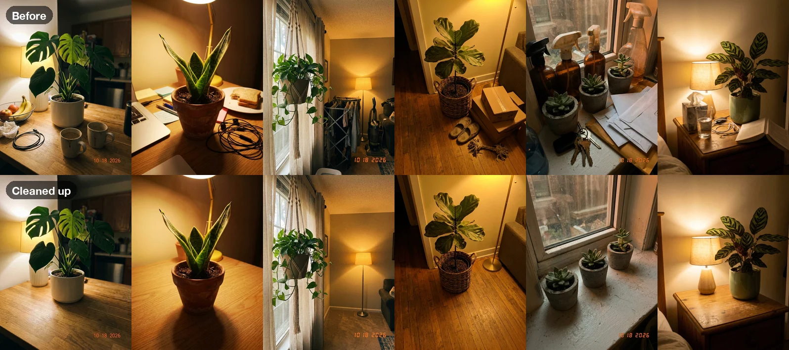 Six cluttered, yellowish home photos of houseplants in the top row and the same six photos cleaned up in the bottom row, with mugs, cables, boxes, bottles and laundry removed
