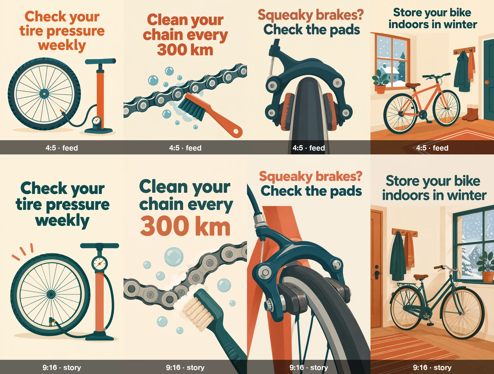 Four bike-maintenance posts rendered at 4:5 for the feed and again at 9:16 for stories, same headlines and same illustration style