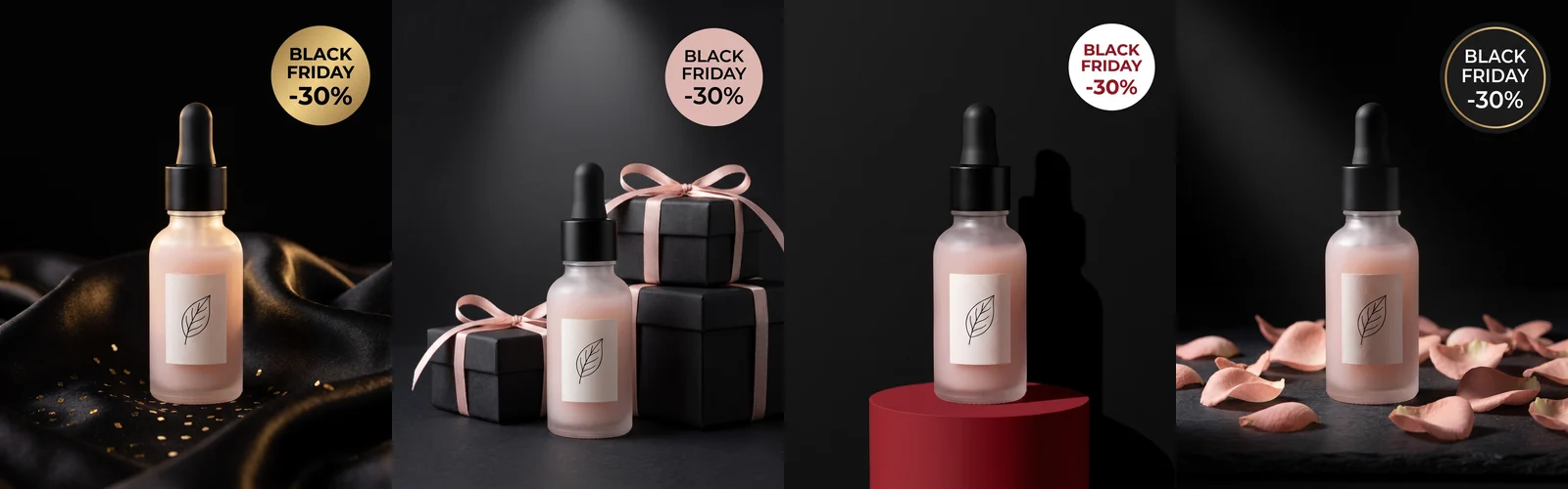 Four Black Friday ad concepts for the same pink serum bottle: on black satin with a gold badge, in front of black gift boxes with pink ribbon, on a red plinth with a white badge, and on slate with rose petals and a black-and-gold badge