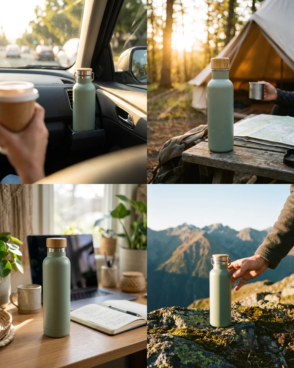 The same sage-green bottle with a bamboo lid in four scenes: a car cup holder, a camping table at dawn, a home office desk and a mountain ledge