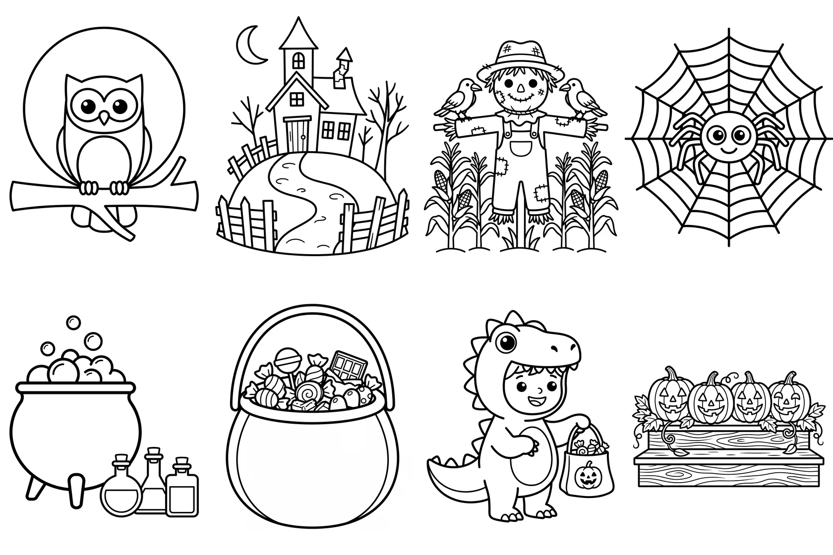 Eight Halloween coloring book pages in one style: an owl on a branch, a haunted house on a hill, a scarecrow with two crows, a smiling spider in its web, a bubbling cauldron, a candy bucket, a child in a dinosaur costume and jack-o'-lanterns on porch steps
