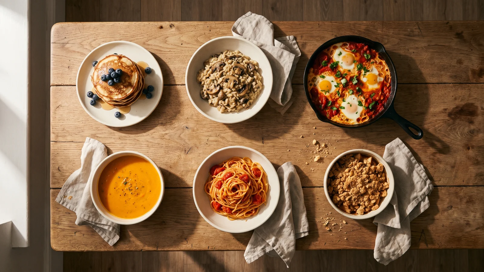 Top-down photo of a worn oak table with six home-cooked dishes in matching cream stoneware: blueberry pancakes, mushroom risotto, a skillet of shakshuka, carrot soup, tomato spaghetti and apple crumble, all in the same soft window light