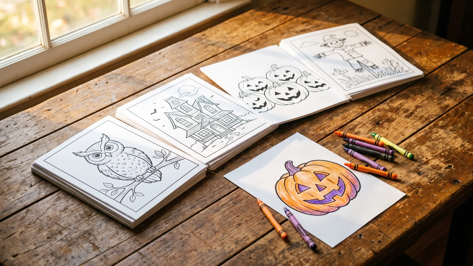 Printed Halloween coloring book pages fanned out on a wooden table — an owl, a haunted house, jack-o'-lanterns, a scarecrow — with one pumpkin page colored in crayon