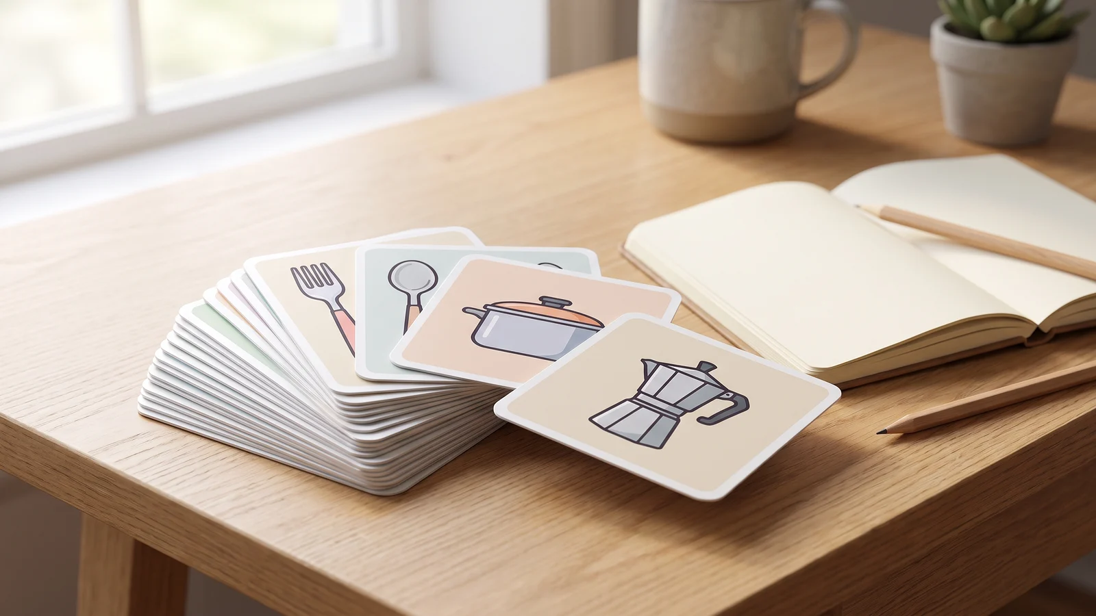 A fanned stack of square picture flashcards showing a fork, a spoon, a pot and a moka pot next to an open notebook