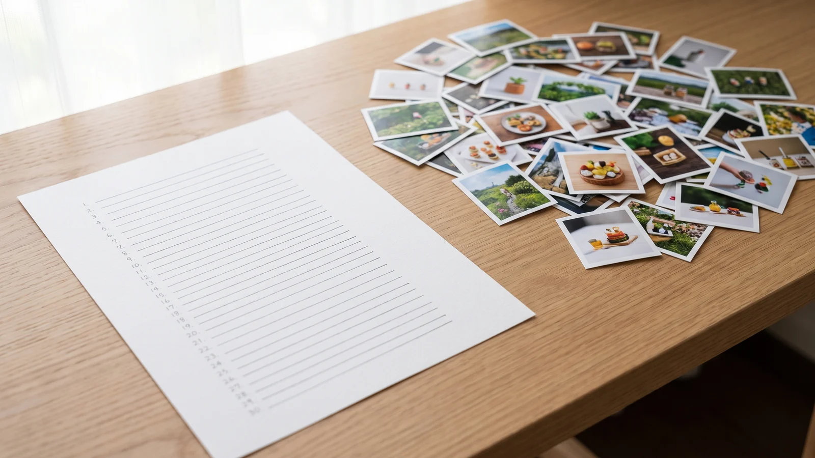 A sheet of paper with a long blank numbered list on a wooden desk, beside a fan of dozens of small photo prints, each showing a different miniature scene