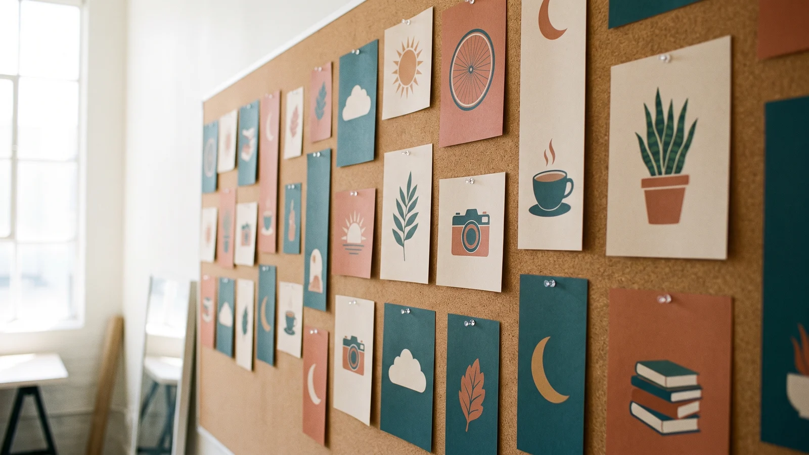A corkboard wall pinned with dozens of illustrated cards in square, portrait and tall shapes, all in one terracotta and teal palette
