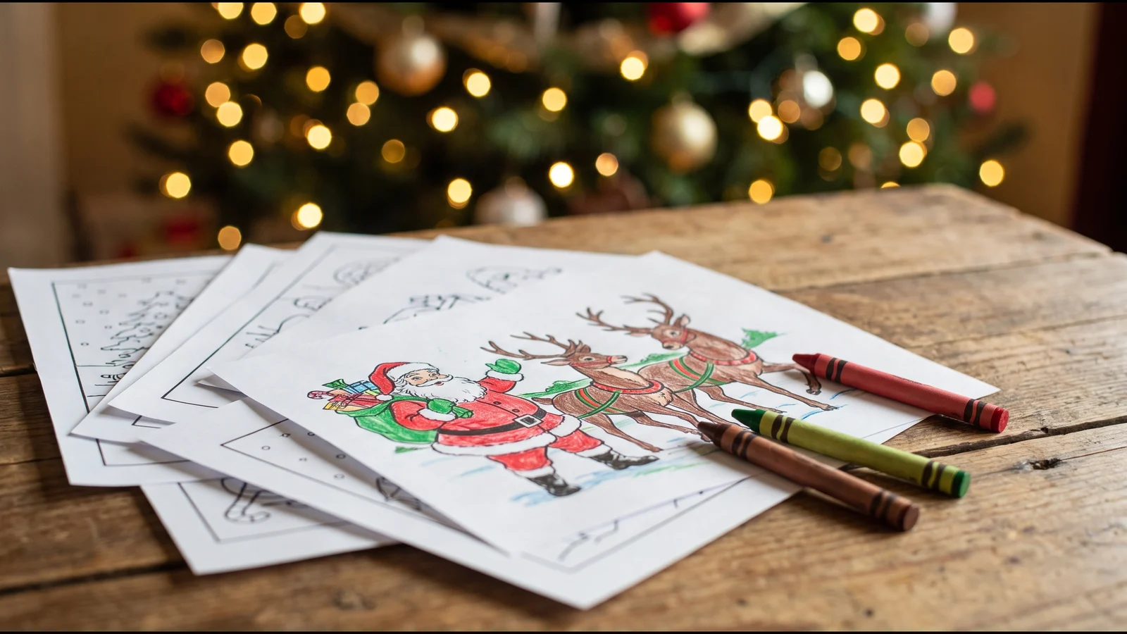 A stack of printed Christmas coloring pages on a wooden table, the top page of Santa and two reindeer half colored in crayon, with crayons beside it and a blurred Christmas tree behind