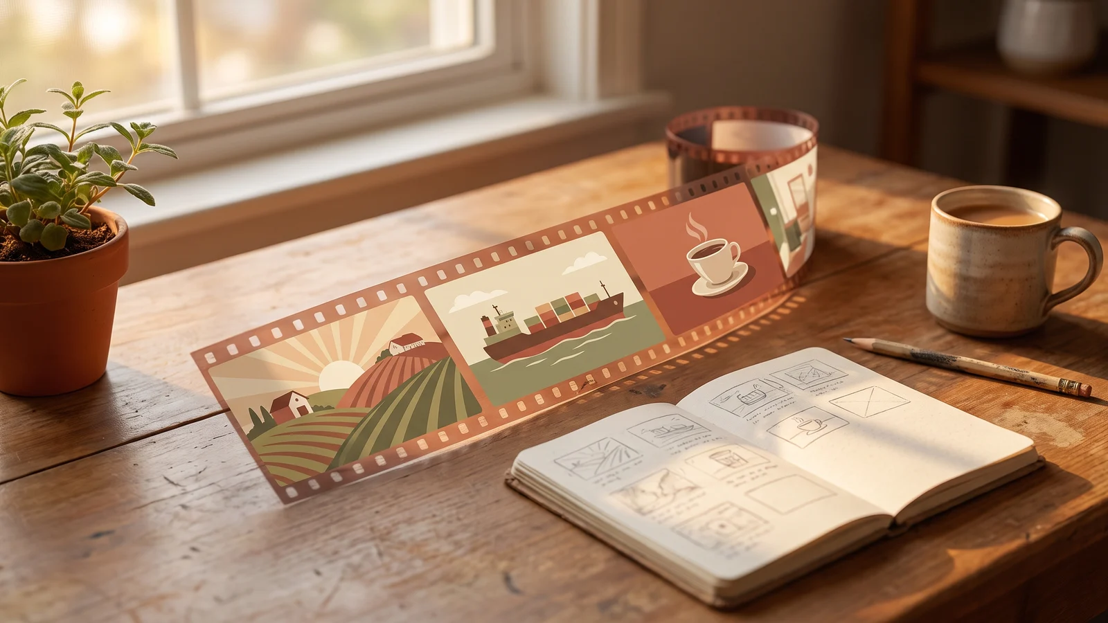 A strip of printed film frames unrolled across a wooden desk, each a warm flat illustration — a hillside farm, a cargo ship, a cup of coffee — next to a sketched storyboard notebook