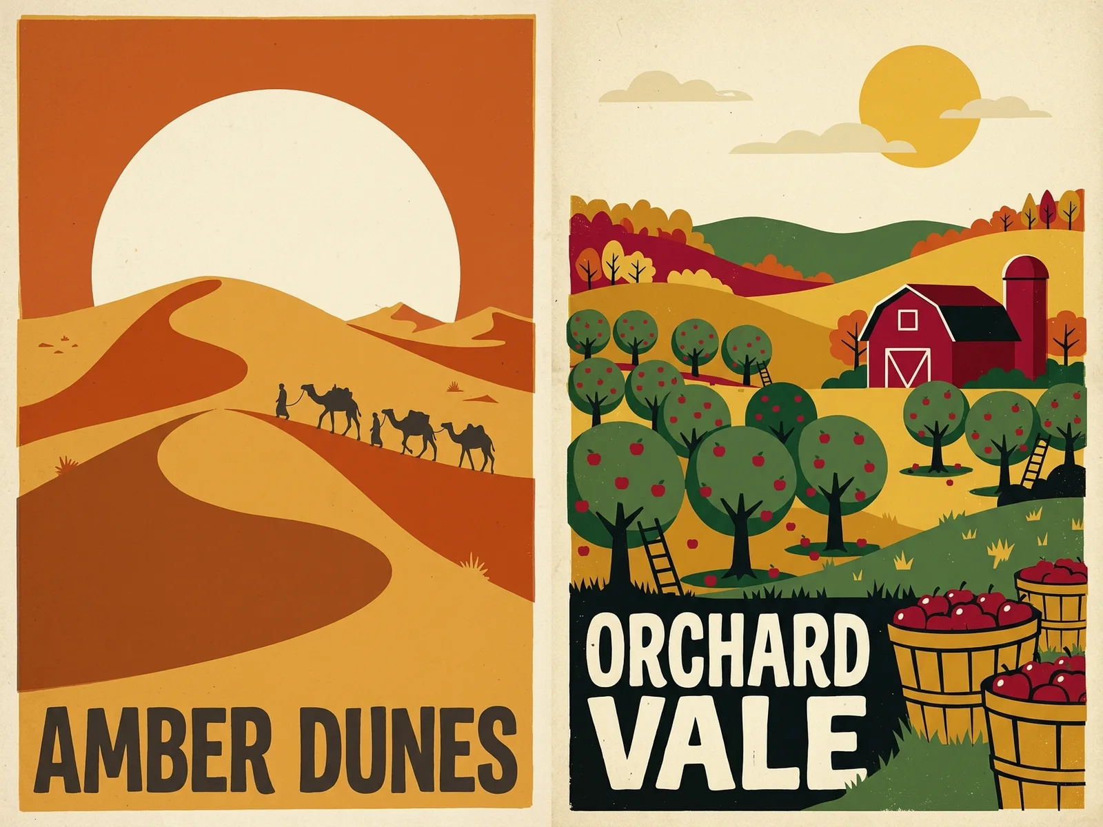 Two of the twelve posters side by side at full size: Amber Dunes with its title placed directly on the dunes without a colour band, and Orchard Vale with its two-word title wrapped onto two lines