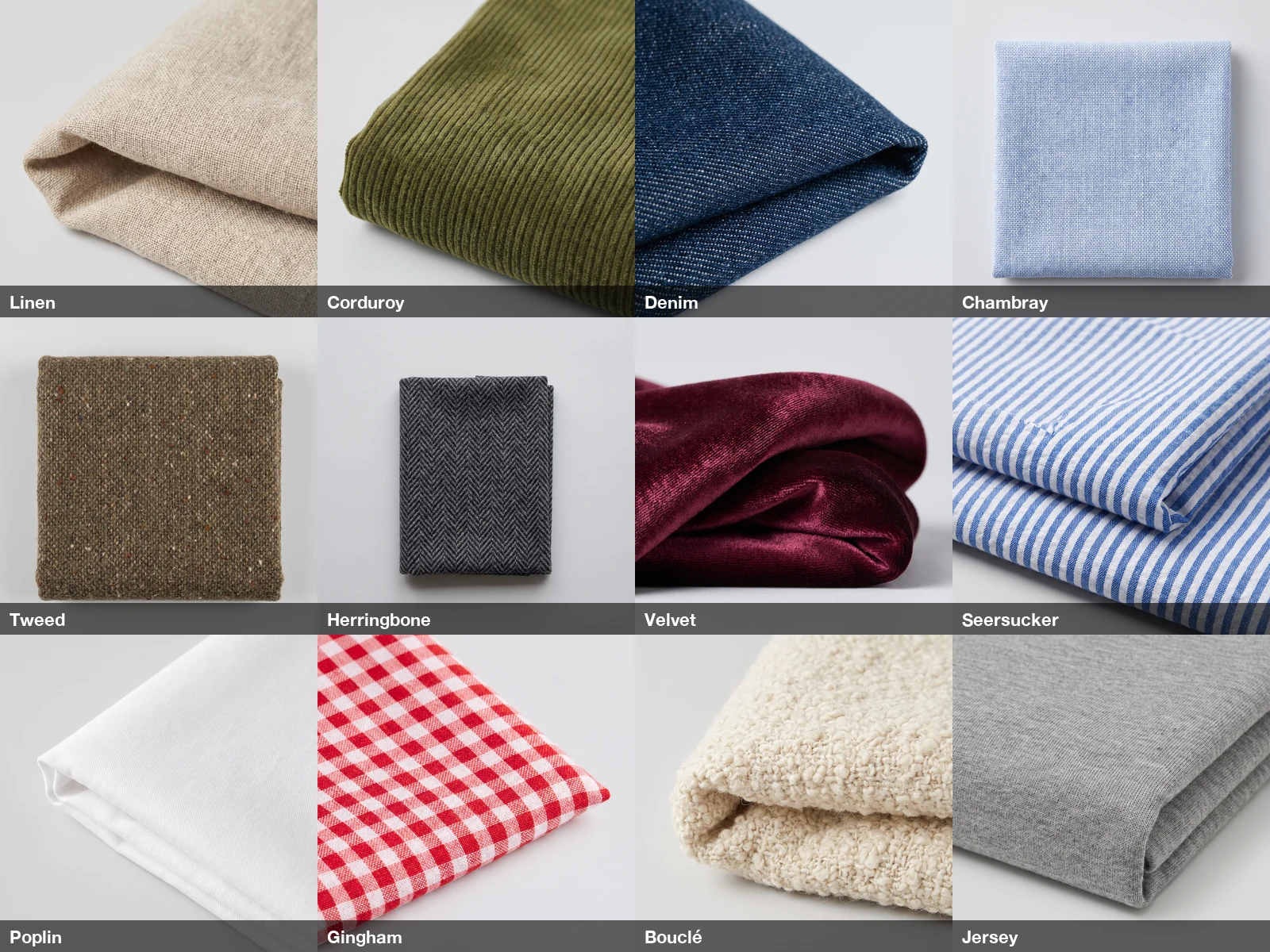 A 4 by 3 grid of folded fabric swatches on a light gray background: linen, corduroy, denim, chambray, tweed, herringbone, velvet, seersucker, poplin, gingham, bouclé and jersey