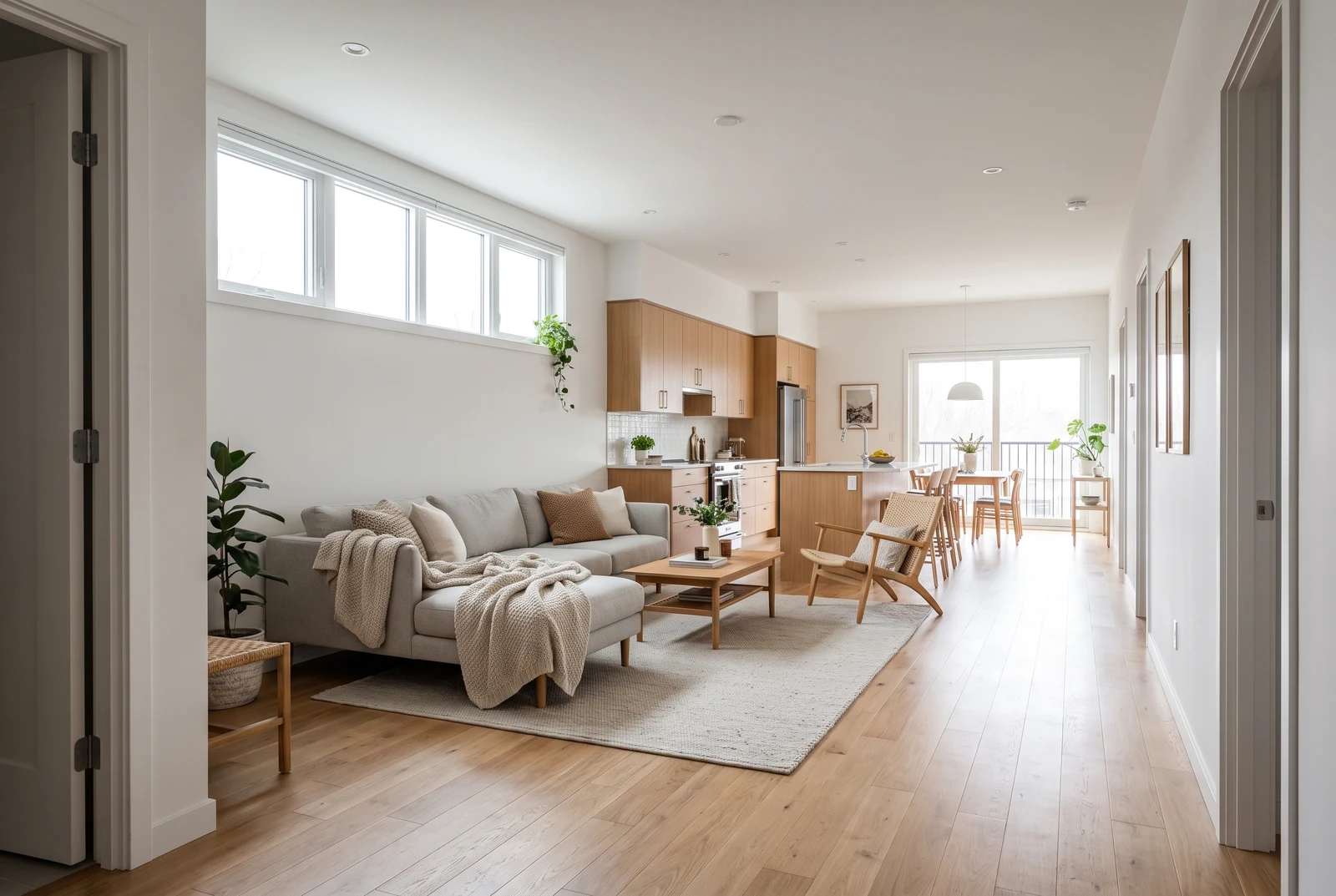 A photorealistic eye-level render of an open living room and kitchen with a gray sofa, oak coffee table, kitchen island and a balcony door at the far end