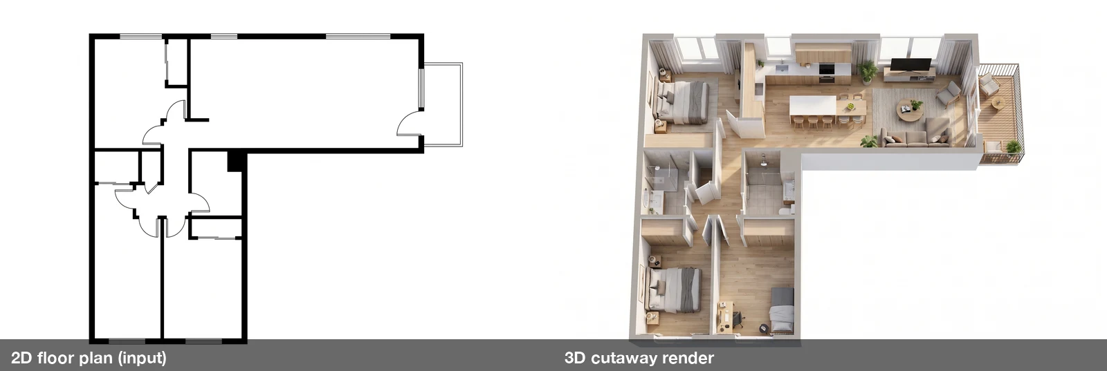 Left: a black-and-white 2D floor plan of an L-shaped apartment with a balcony. Right: the same apartment as a furnished 3D cutaway render seen from above, keeping the L shape and the balcony on the right