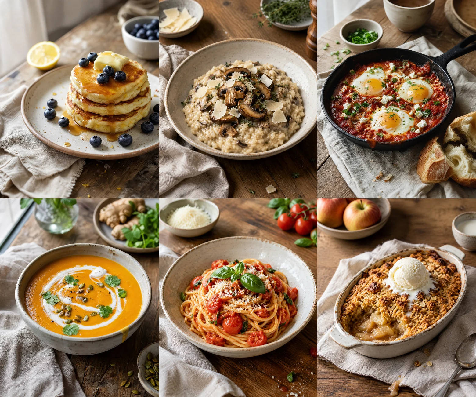 Six AI food photos from one batch, in a three by two grid: lemon ricotta pancakes, mushroom risotto, shakshuka in a cast-iron skillet, carrot soup with a cream swirl, tomato basil spaghetti and apple crumble with ice cream, all on the same oak table and stoneware