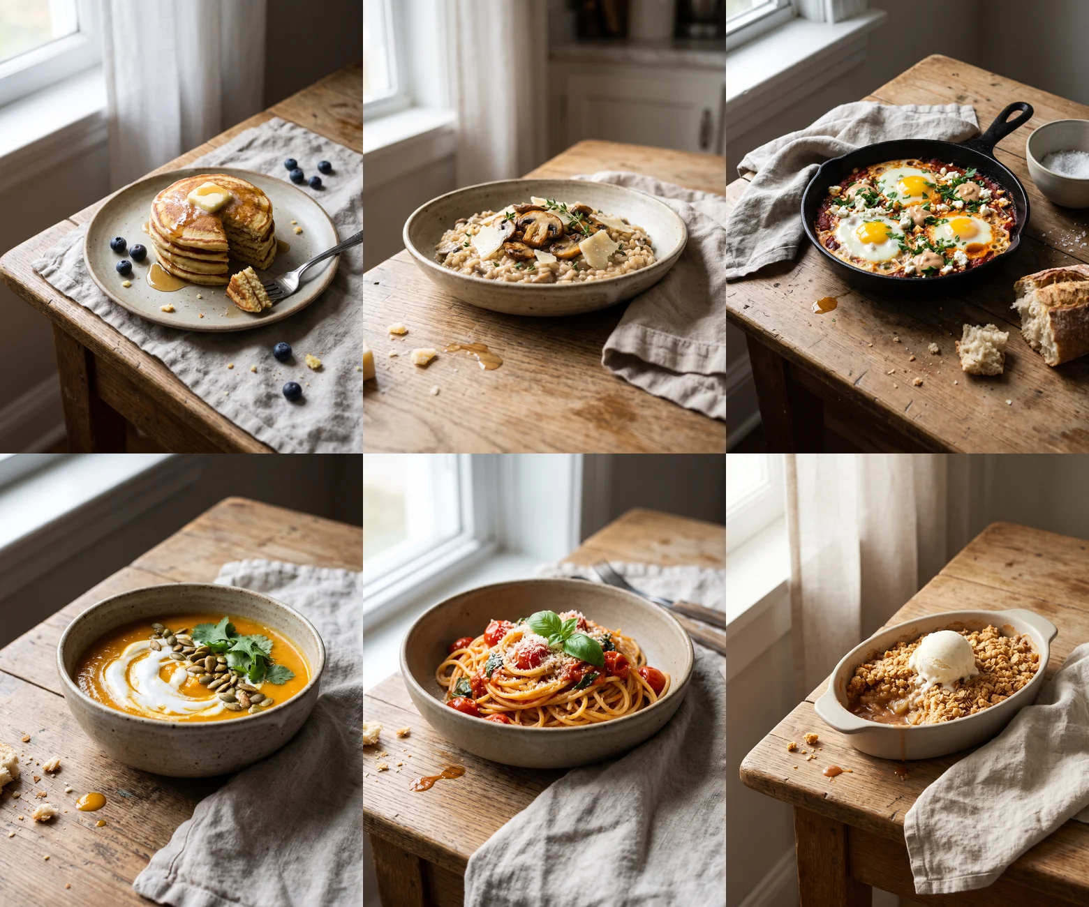 The same six dishes from Nano Banana Pro: pancakes, risotto, shakshuka, carrot soup, spaghetti and apple crumble, each shot from further back on the same oak table by the same window