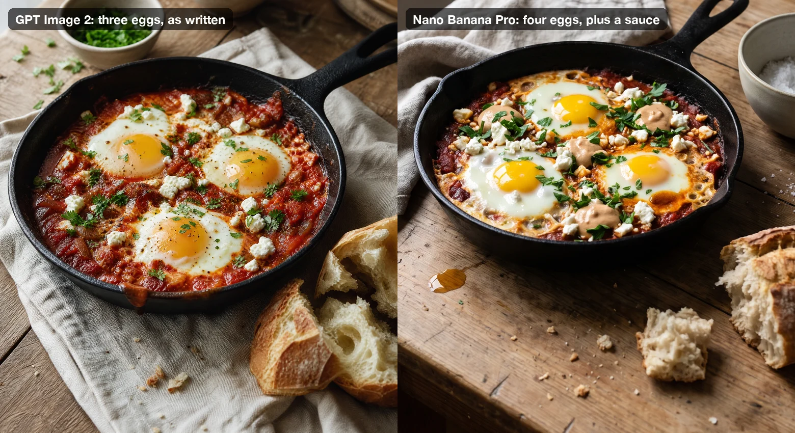 Two shakshuka skillets side by side: GPT Image 2 with three eggs in tomato sauce as written, and Nano Banana Pro with four eggs plus several dollops of a beige sauce