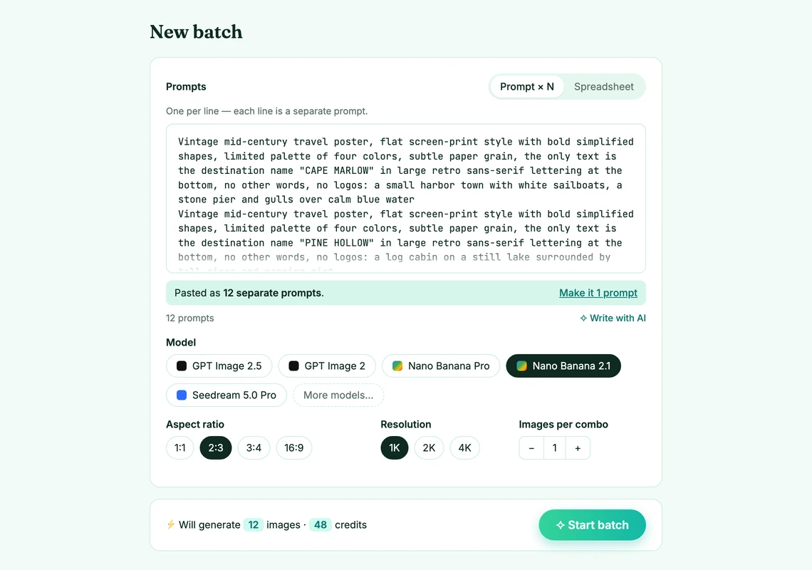 The BulkImagen batch form with twelve pasted poster prompts, Nano Banana 2.1 selected, 2:3 and 1K chosen, and the line "Will generate 12 images · 48 credits" above the Start batch button