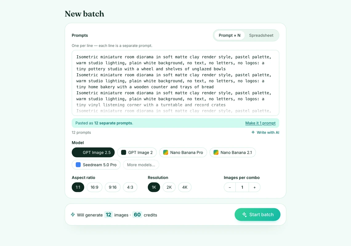 The BulkImagen batch form with twelve pasted prompts, GPT Image 2.5 selected, and the line "Will generate 12 images · 60 credits" above the Start batch button