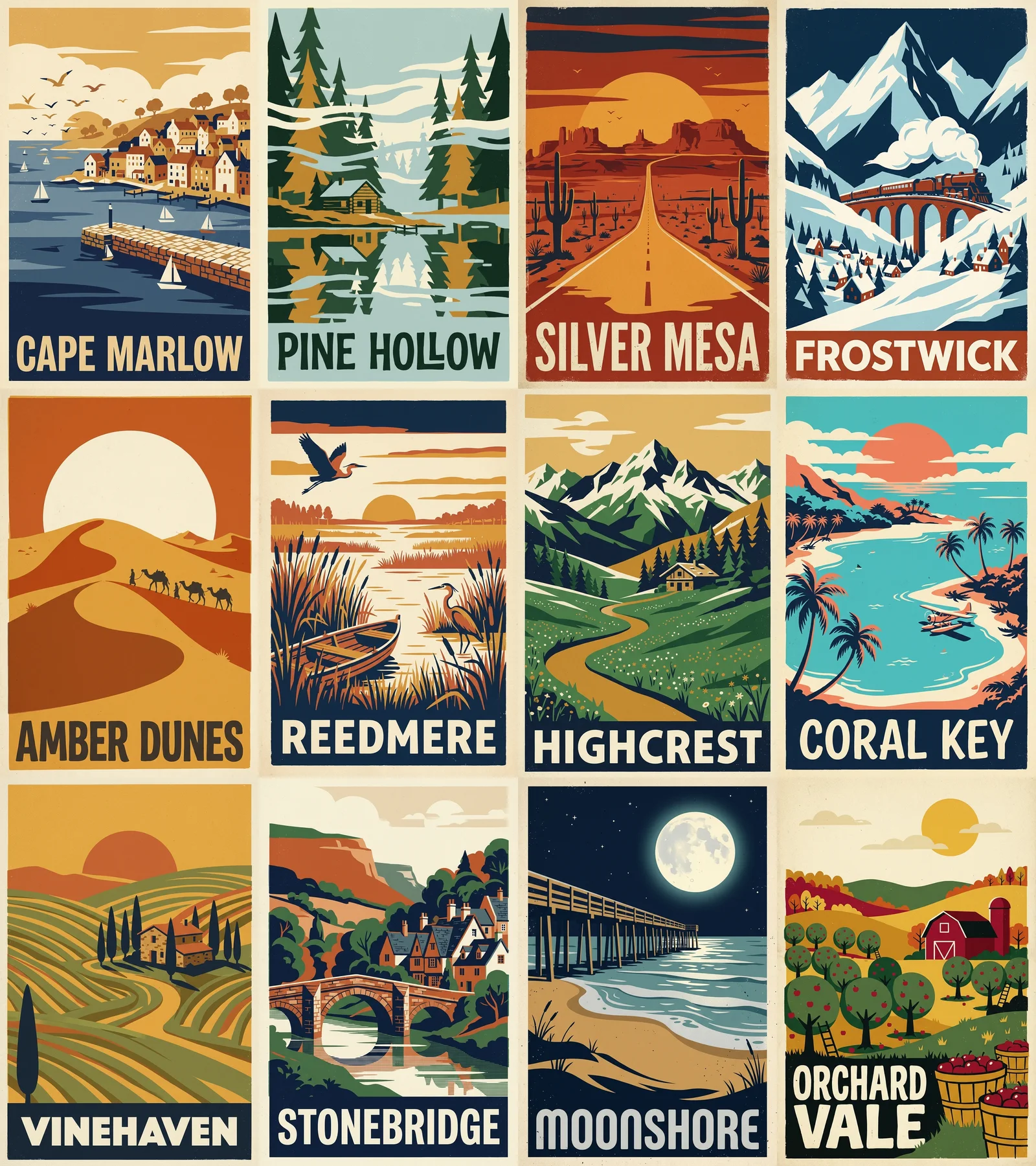 A grid of twelve vintage-style travel posters generated in one batch on Nano Banana 2.1: Cape Marlow, Pine Hollow, Silver Mesa, Frostwick, Amber Dunes, Reedmere, Highcrest, Coral Key, Vinehaven, Stonebridge, Moonshore and Orchard Vale