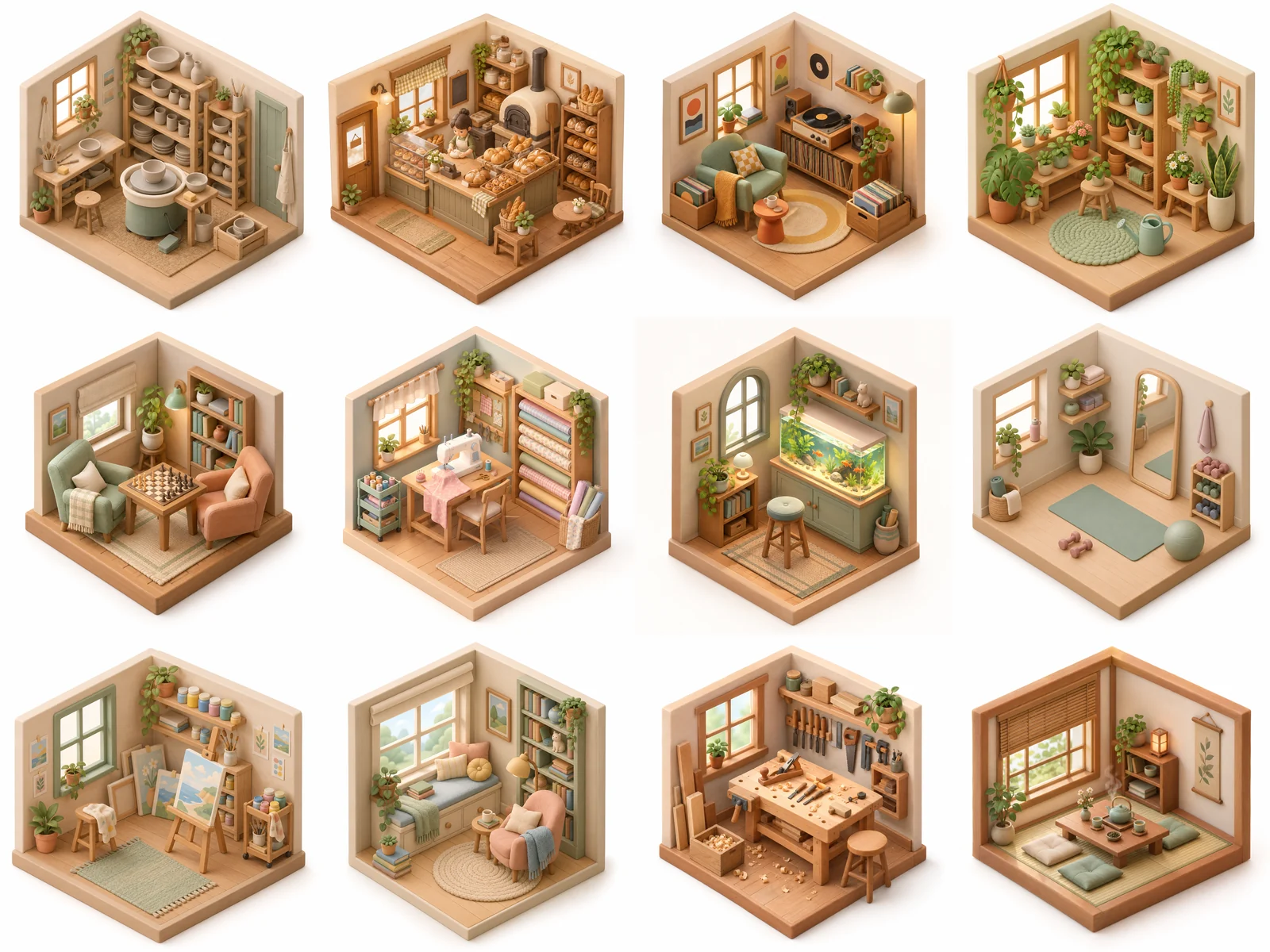 A grid of twelve isometric clay-style miniature rooms generated in one batch: a pottery studio, bakery, vinyl corner, indoor garden, chess nook, sewing room, aquarium corner, home gym, painter's studio, reading nook, woodworking bench and tea room