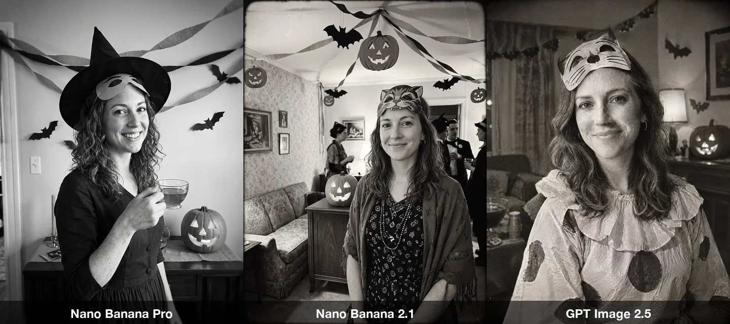 The 1950s vintage prompt on three models: black-and-white photos of the woman at a Halloween party with a paper mask pushed up on her forehead