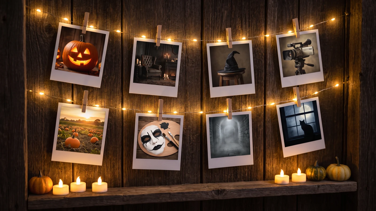 Eight instant photos of Halloween scenes clipped to a string of fairy lights on a dark wooden wall, with small pumpkins and candles on a shelf below