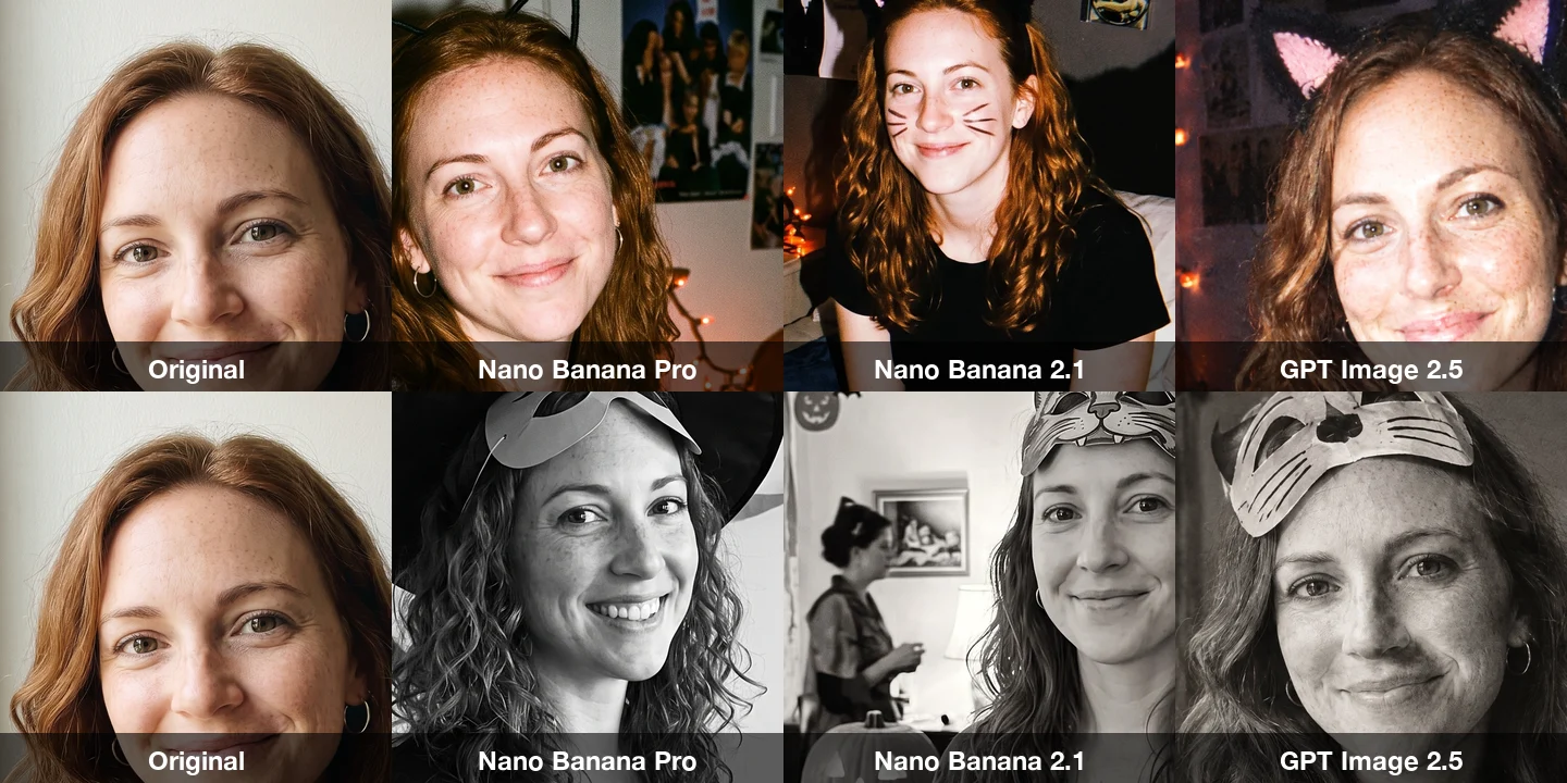 Close-up crops of the woman's face in the original selfie and in the Y2K and 1950s results from each model