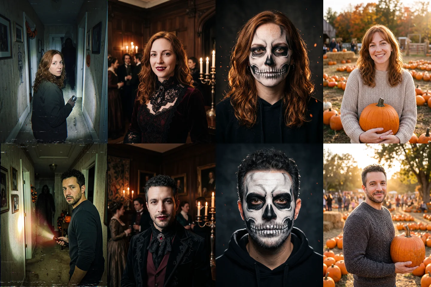Two people, a woman and a man, each in four Halloween looks: VHS hallway, gothic vampire, skeleton face paint and pumpkin patch