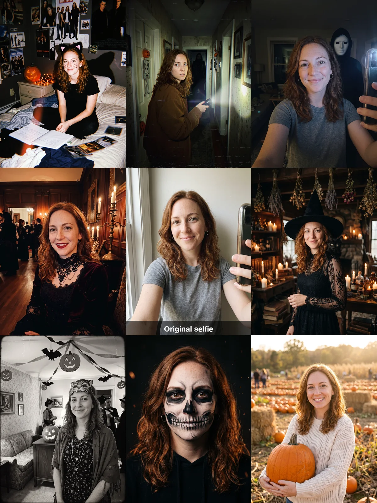 A grid of eight Halloween portraits of the same woman around her original selfie: Y2K flash photo, VHS hallway, masked figure behind her, vampire, witch, 1950s party, skeleton face paint and pumpkin patch